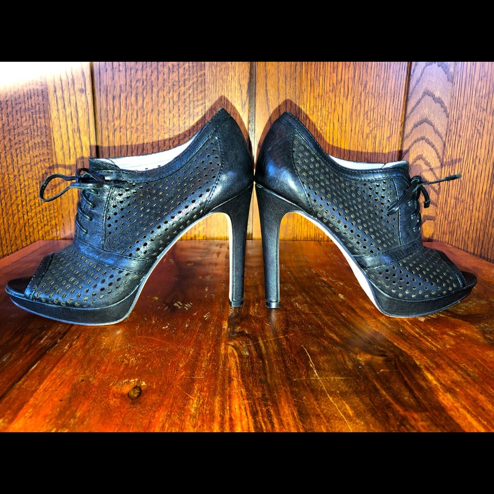 Vince Camuto black perforated leather high—heel booties - worn once! sz 6